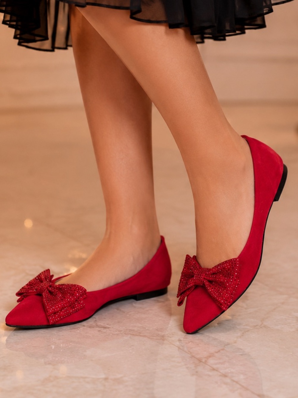 Kelly & Katie Red Rhinestone Bow Pointed Toe Ballet Flats